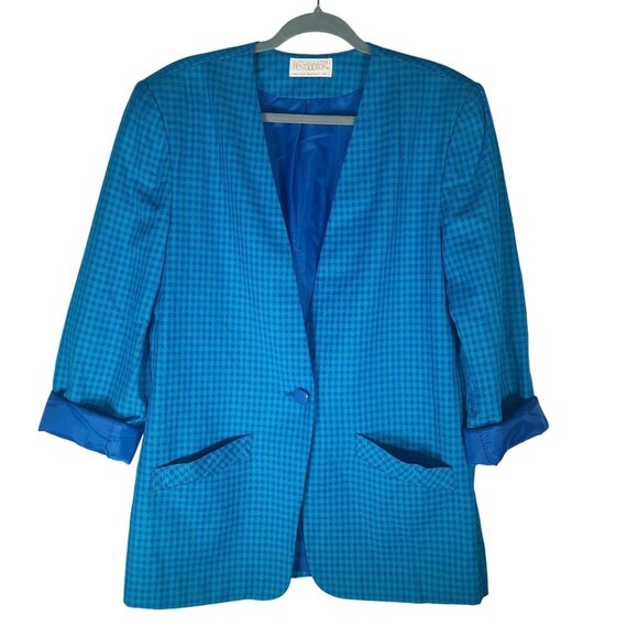 Vintage Pendleton Turquoise Blue Houndstooth Single Button Blazer - Picture 3 of 13